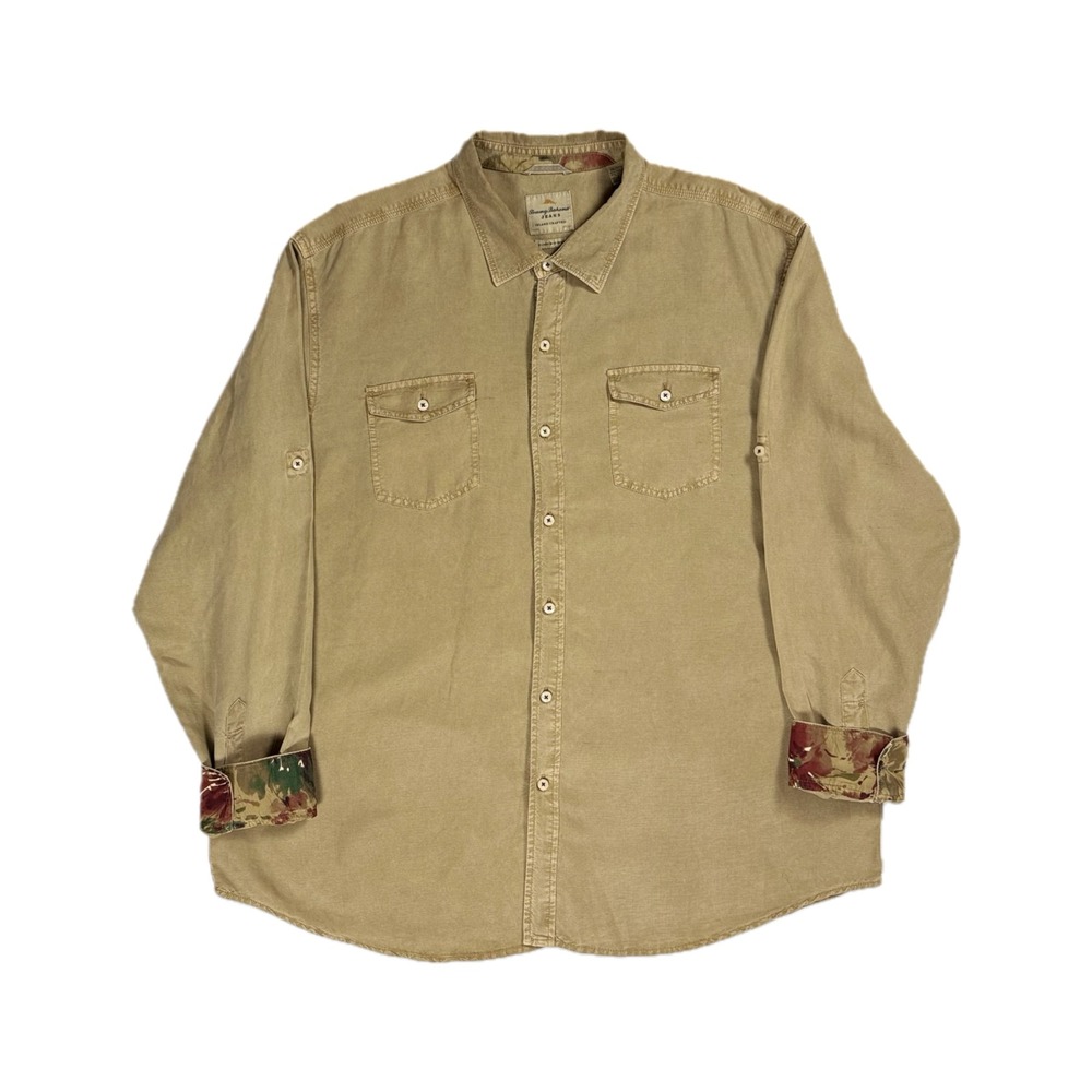 Tommy Bahama Jeans Island Mordern fit linen blend khaki button up shirt mens XXL